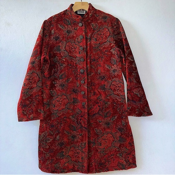 Chico's Jackets & Blazers - Chico's Mid Length Floral Jacquard Tapestry Rug Coat Jacket Brick Red Sz 1 NWT